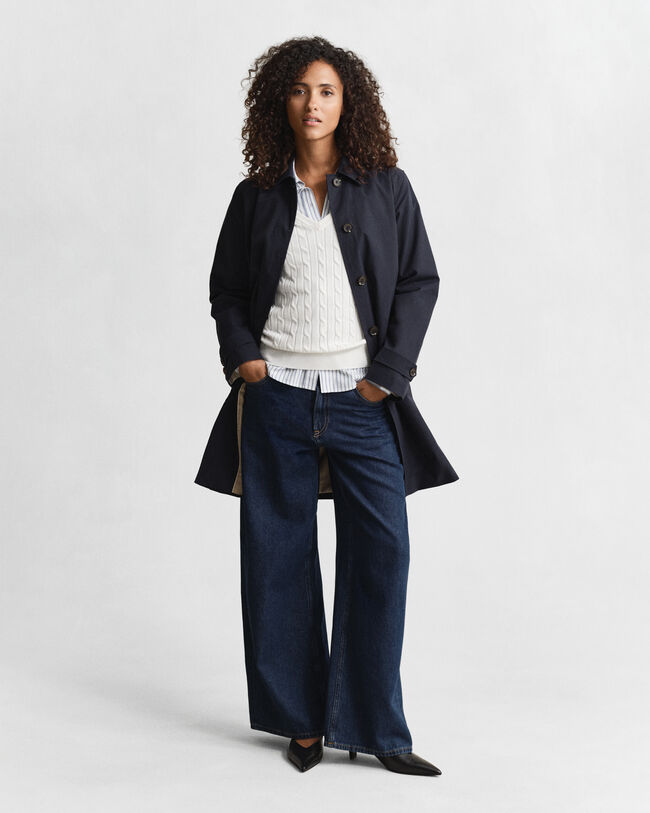 Stretch Cotton Cable Knit V-Neck Sweater