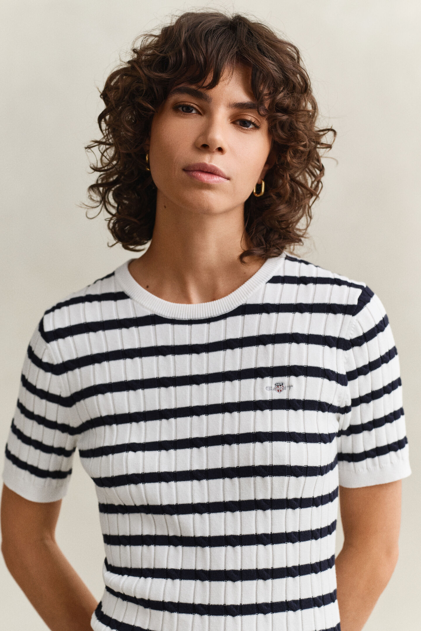 Striped Cable Knit Short Sleeve Sweater