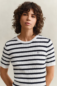 Striped Cable Knit Short Sleeve Sweater