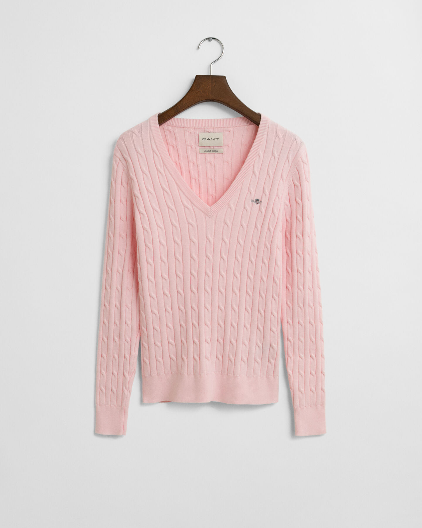 Stretch Cotton Cable Knit V-Neck Sweater