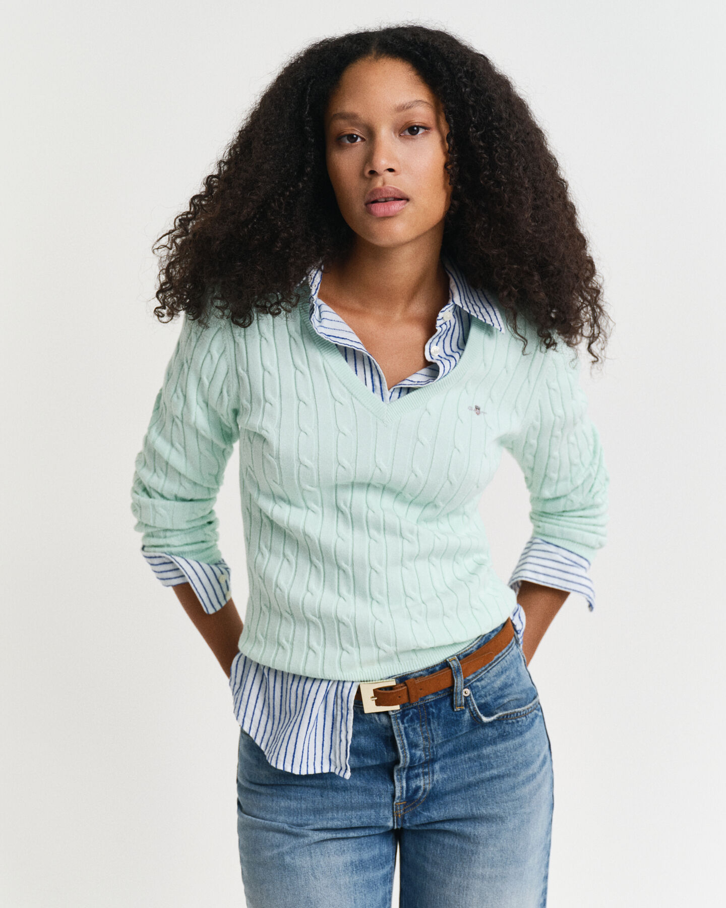 Stretch Cotton Cable Knit V-Neck Sweater