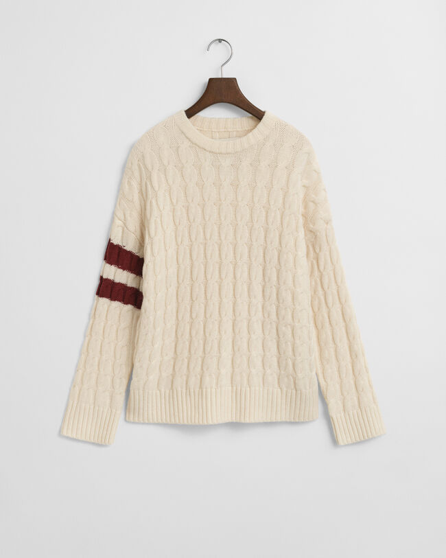 Contrast Striped Cable Knit Crew Neck Sweater