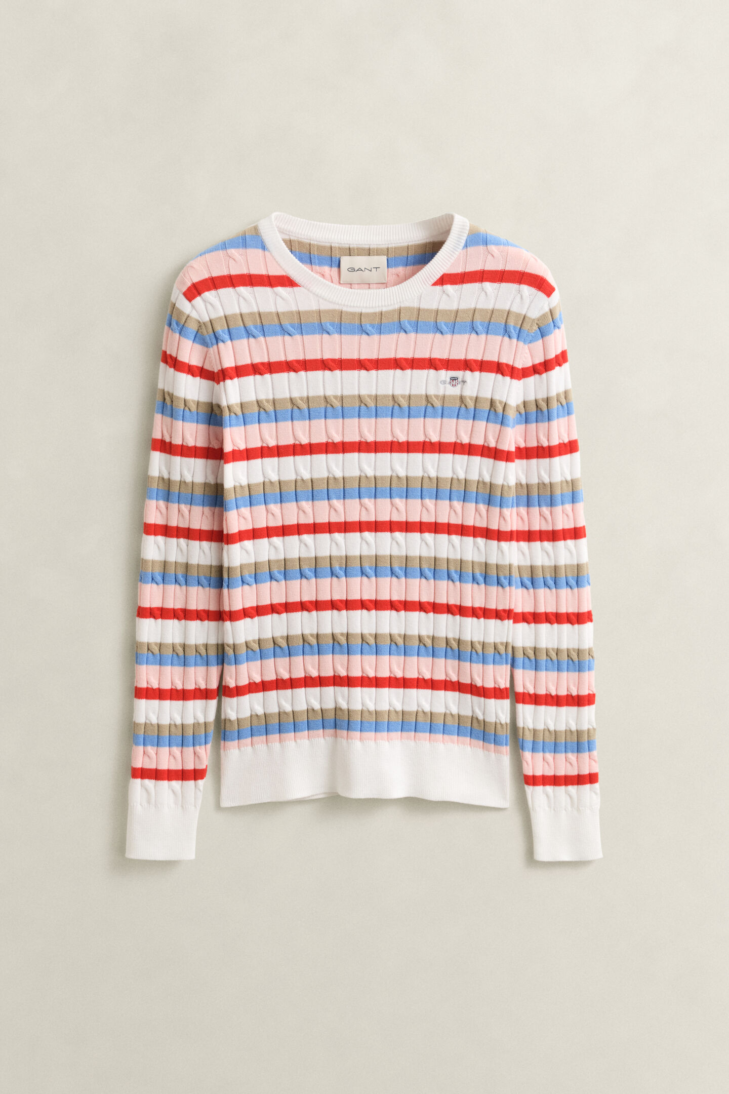 Striped Cable Knit Crew Neck Sweater