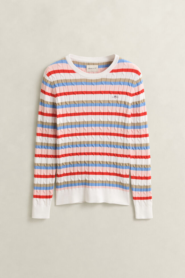 Striped Cable Knit Crew Neck Sweater