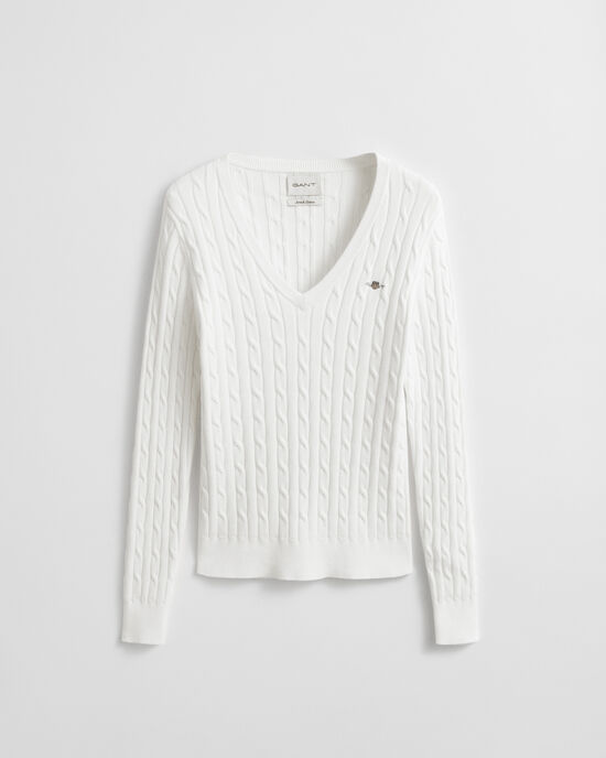 Stretch Cotton Cable Knit V-Neck Sweater