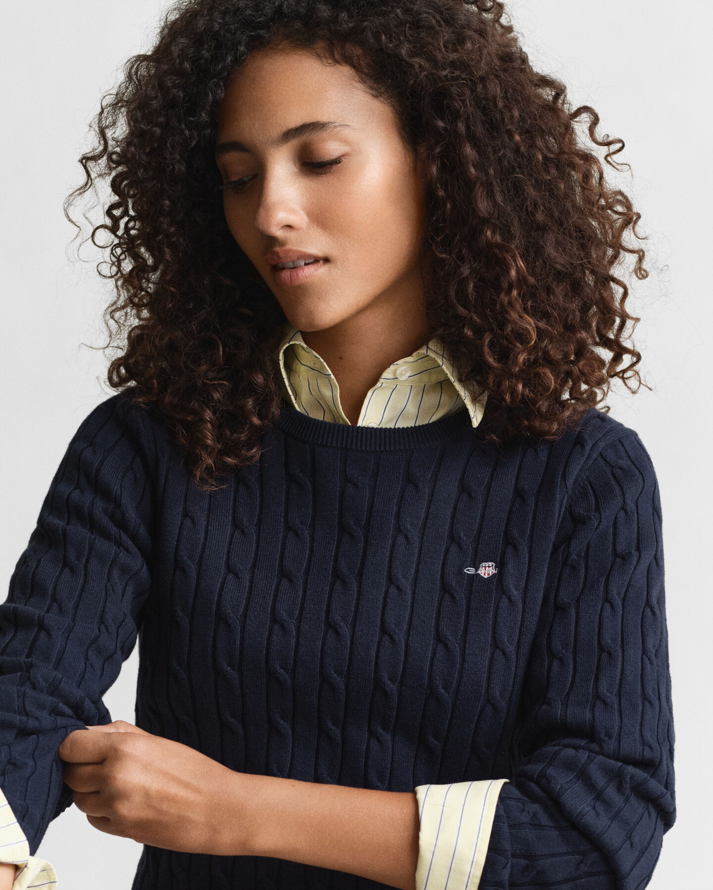 Stretch Cotton Cable Knit Crew Neck Sweater