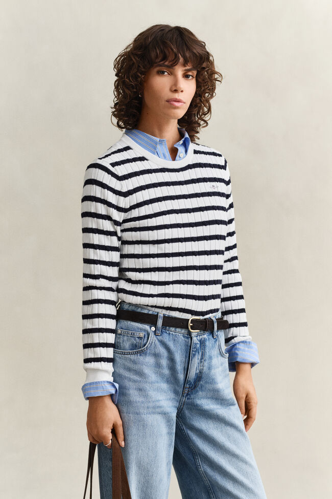 Striped Cable Knit Crew Neck Sweater