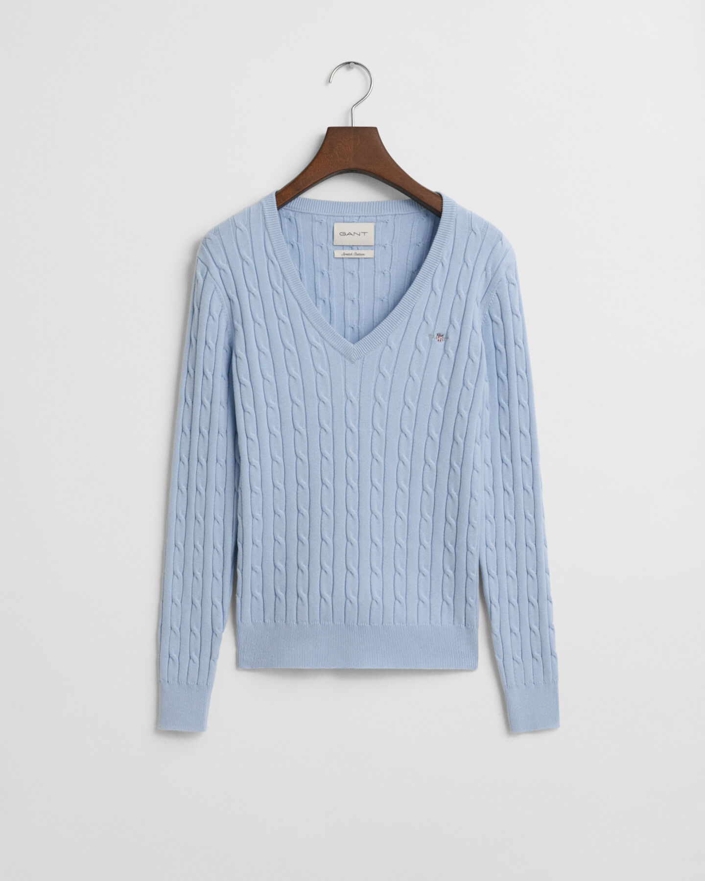 Stretch Cotton Cable Knit V-Neck Sweater