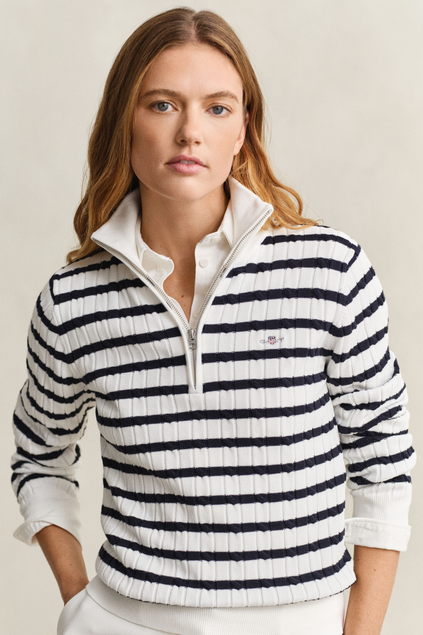 Striped Cable Knit Half-Zip Sweater