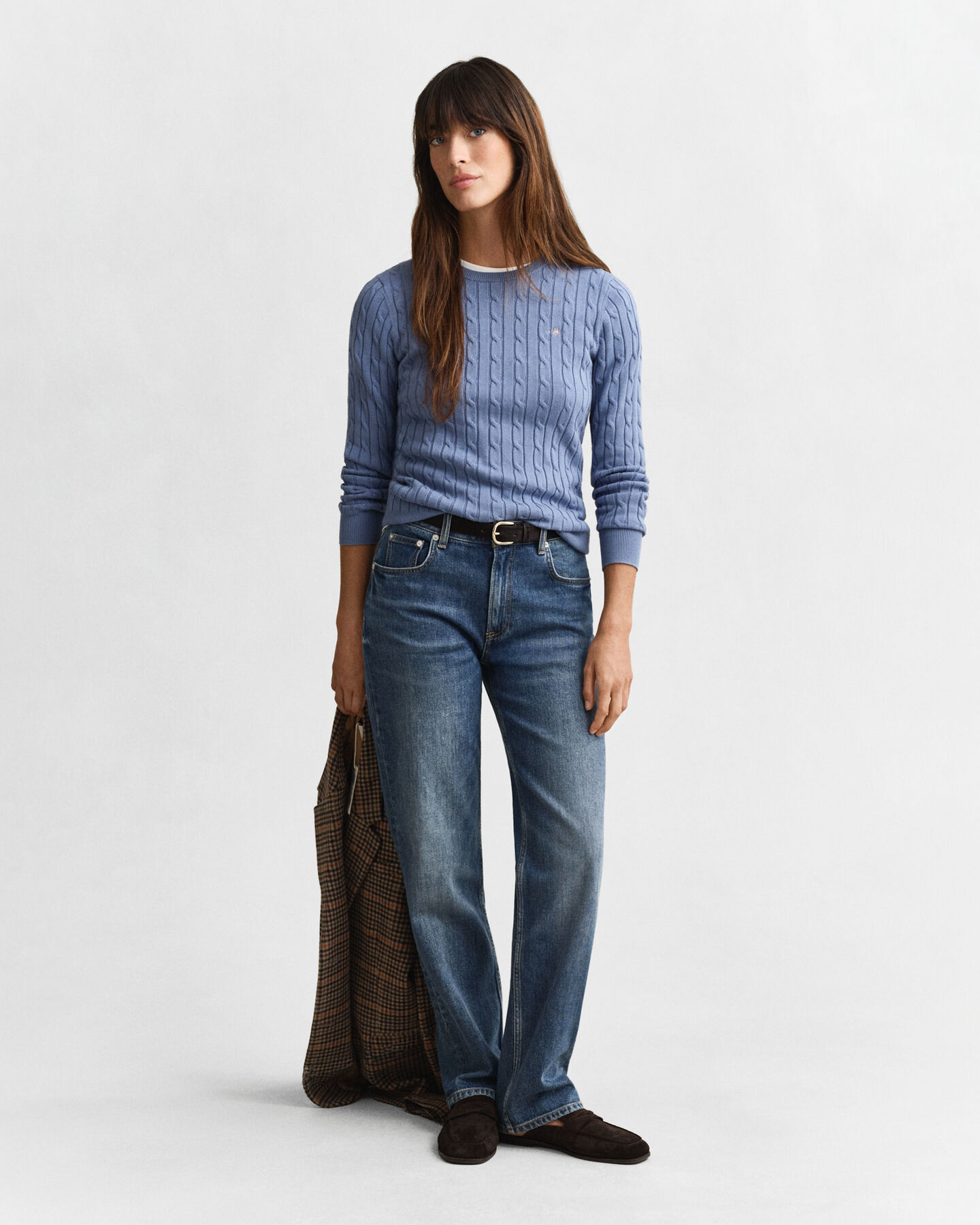 Stretch Cotton Cable Knit Crew Neck Sweater