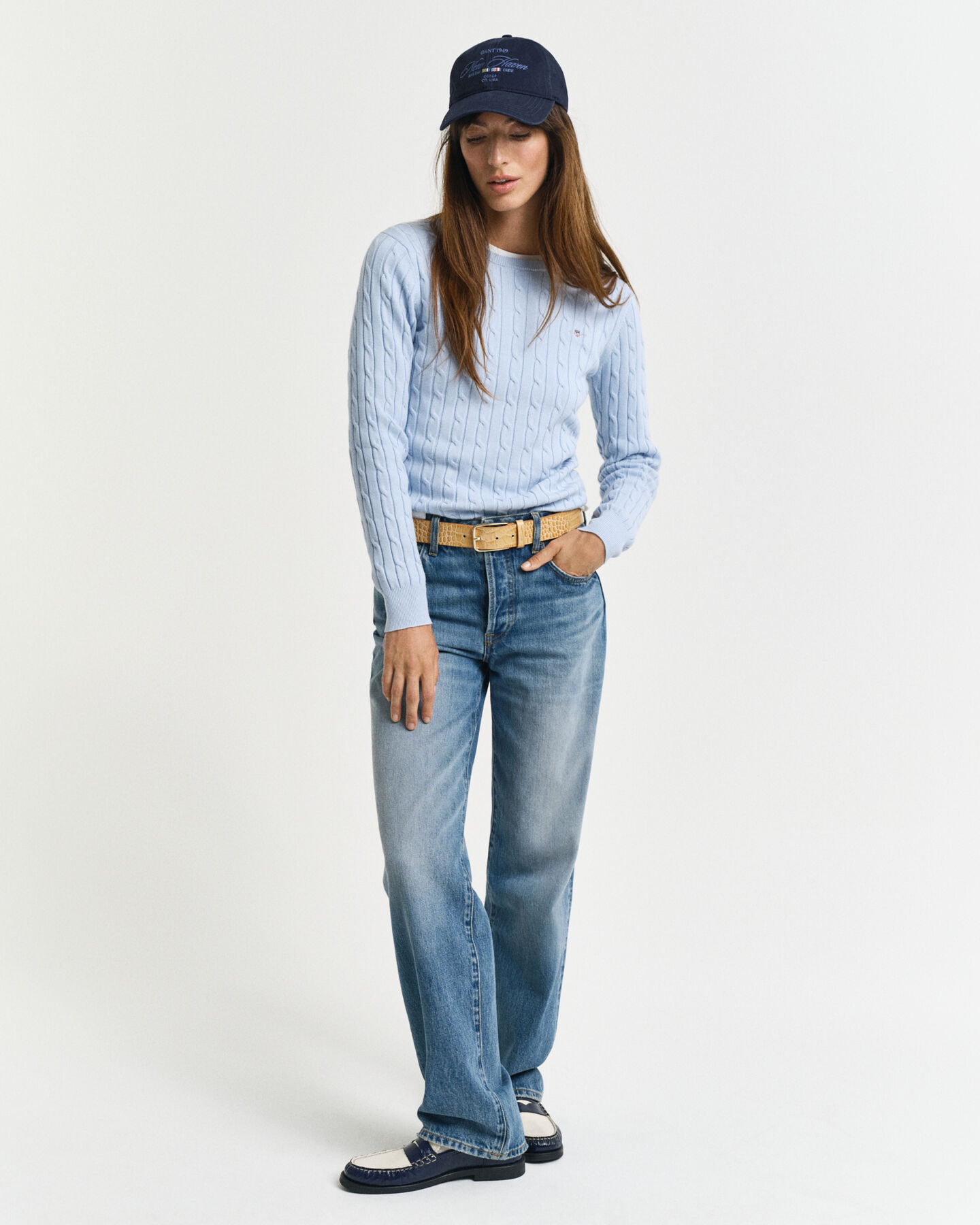 Stretch Cotton Cable Knit Crew Neck Sweater