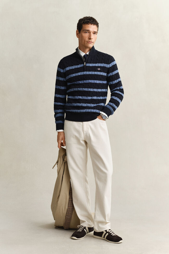Striped Cotton Cable Knit Half-Zip Sweater
