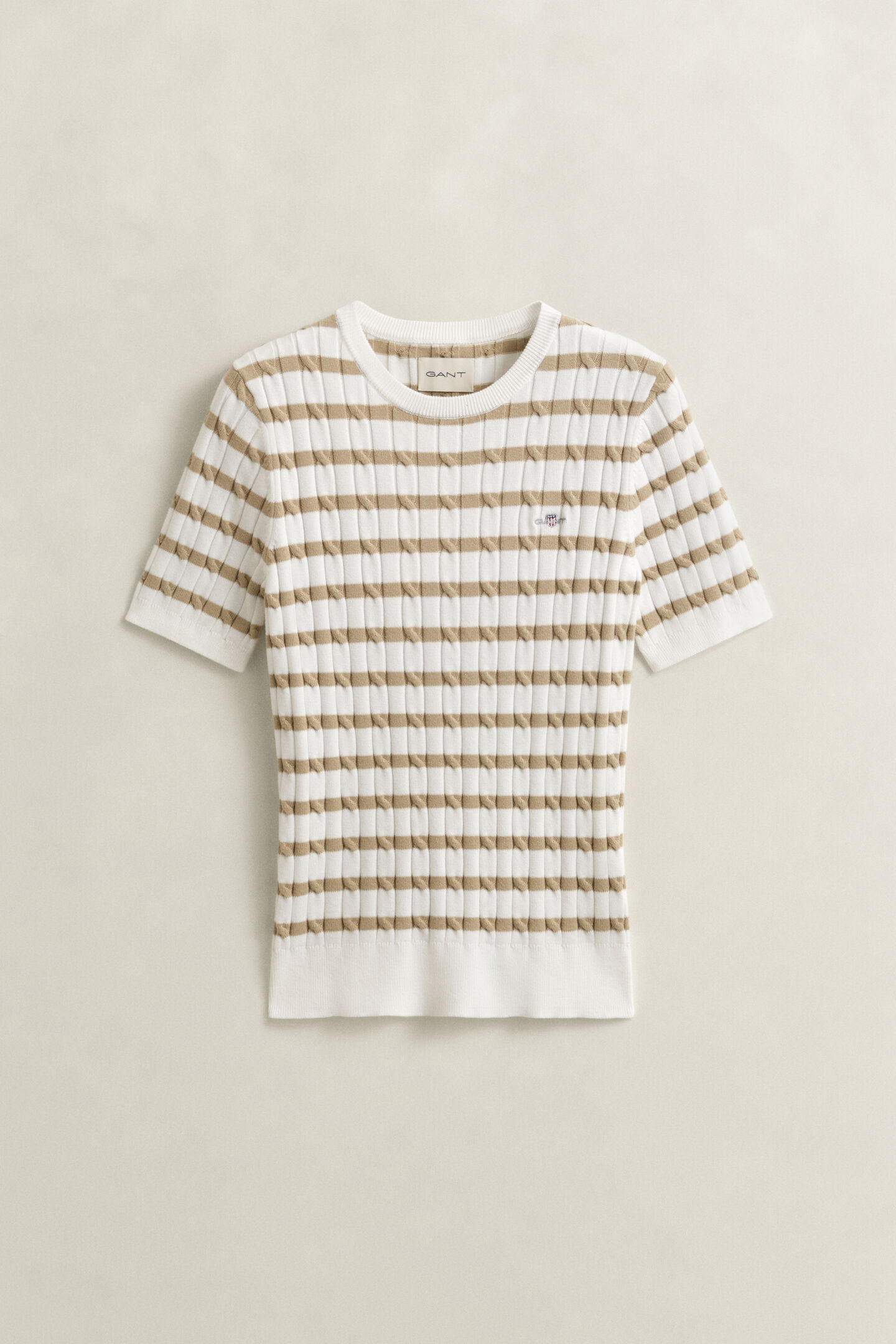 Striped Cable Knit Short Sleeve Sweater