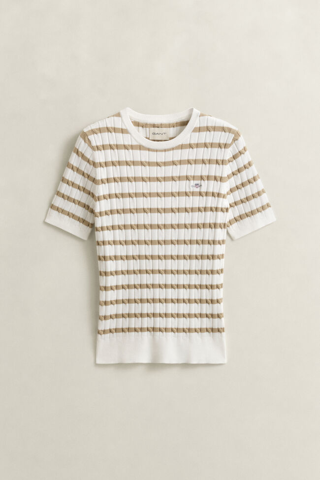 Striped Cable Knit Short Sleeve Sweater