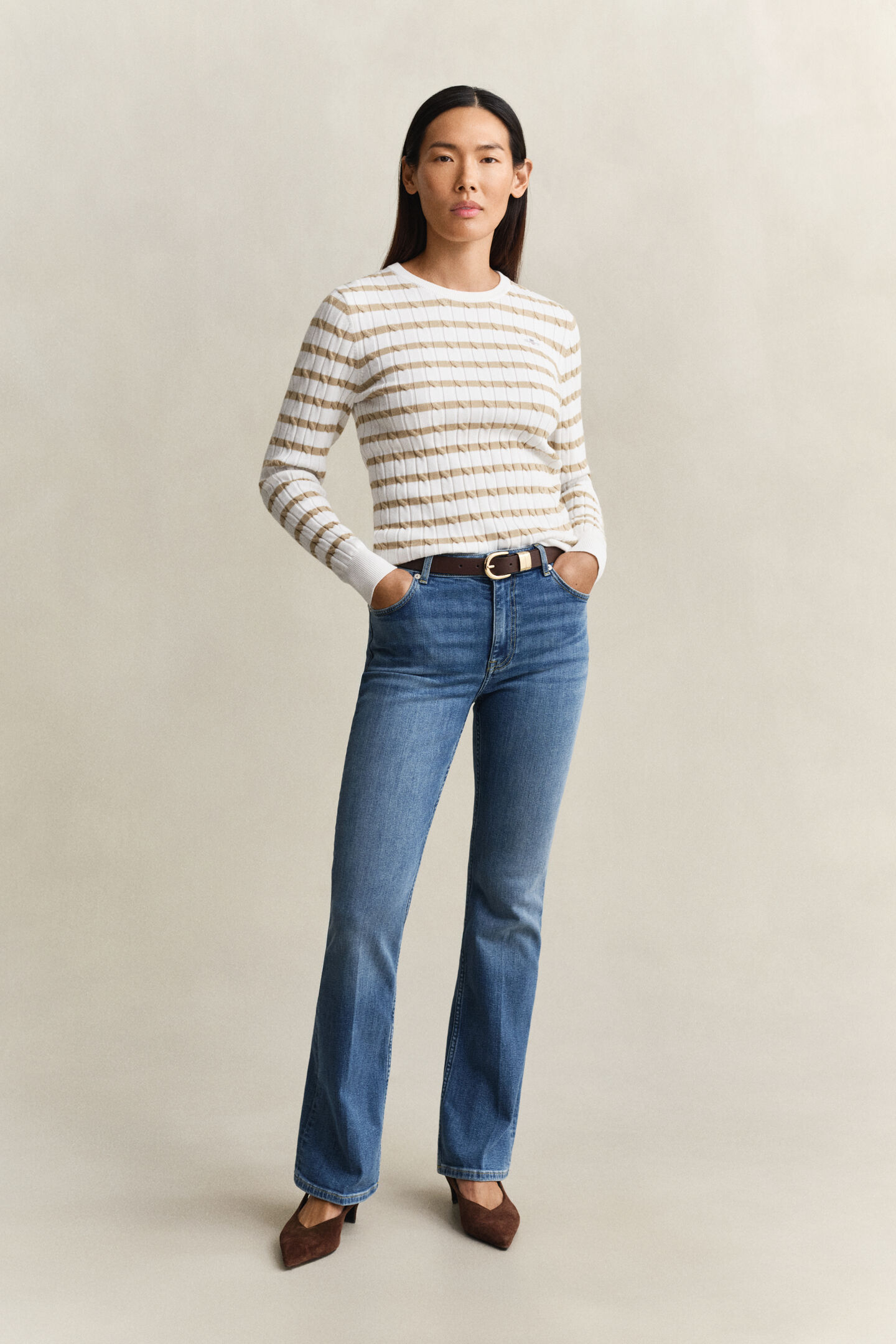 Striped Cable Knit Crew Neck Sweater