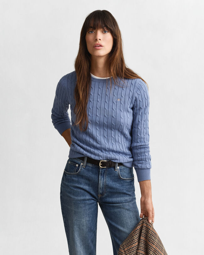 Stretch Cotton Cable Knit Crew Neck Sweater