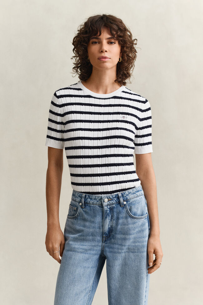 Striped Cable Knit Short Sleeve Sweater