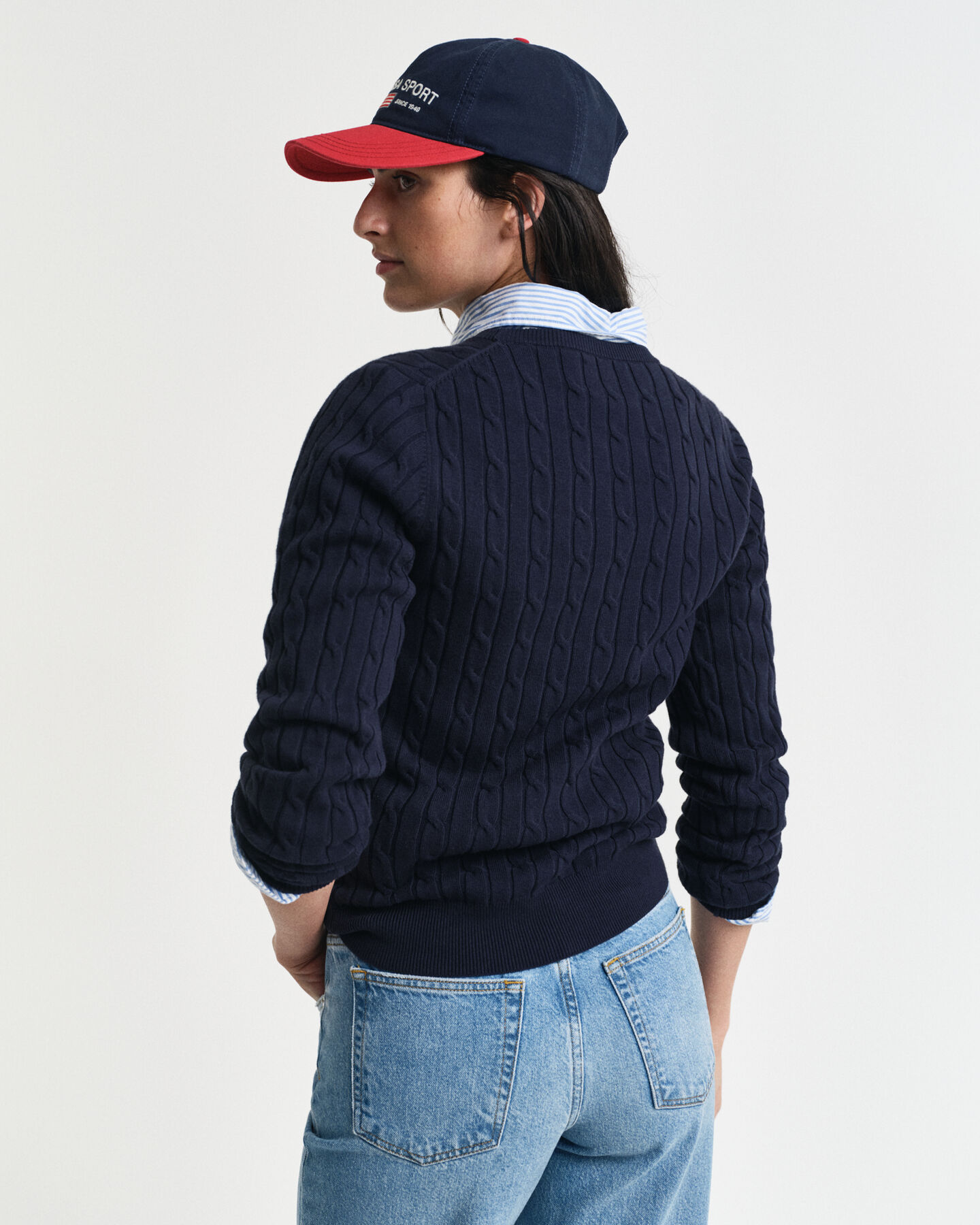 Stretch Cotton Cable Knit Crew Neck Sweater