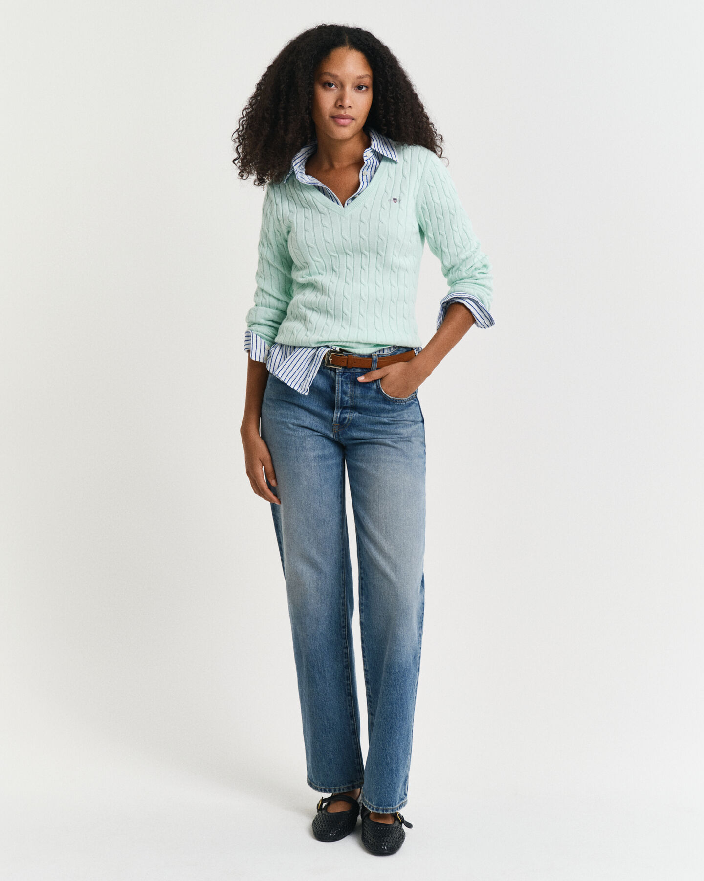 Stretch Cotton Cable Knit V-Neck Sweater