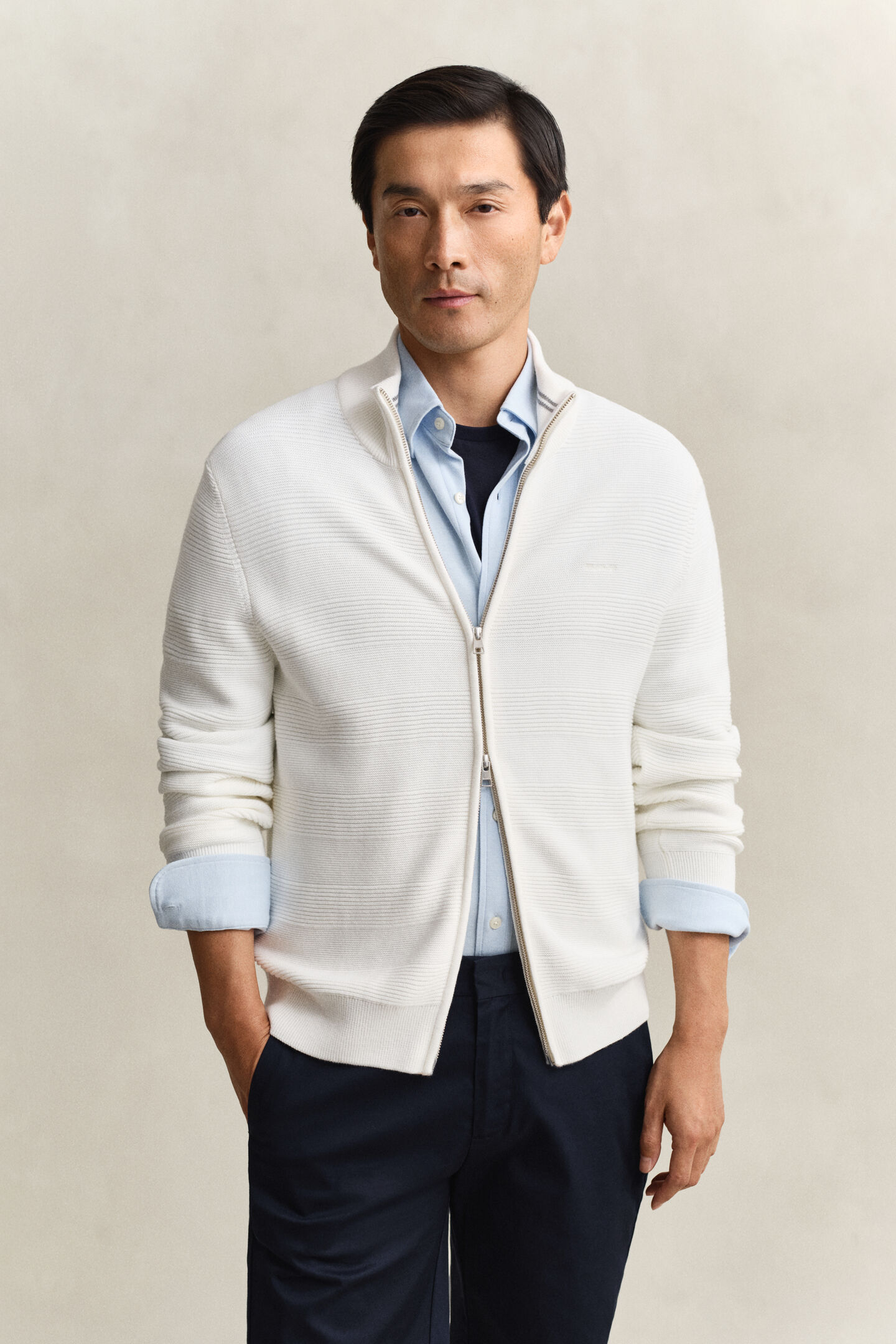 Textured Cotton Zip Cardigan