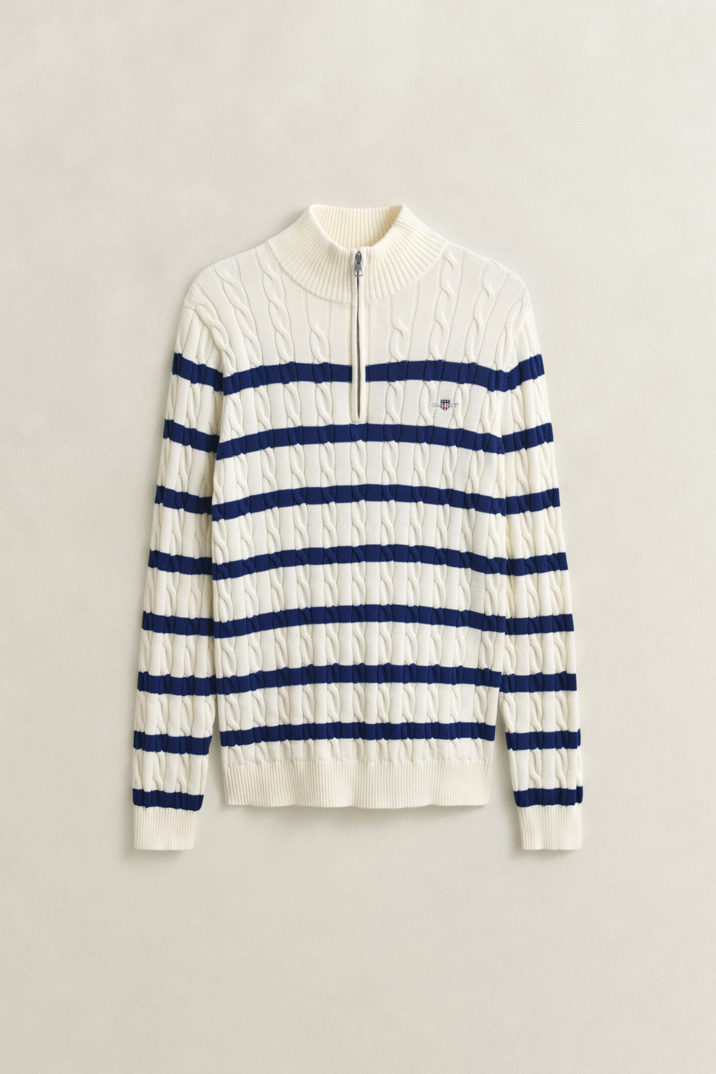 Striped Cotton Cable Knit Half-Zip Sweater