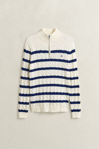 Striped Cotton Cable Knit Half-Zip Sweater