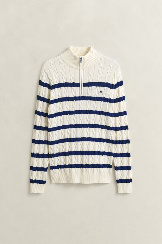 Striped Cotton Cable Knit Half-Zip Sweater