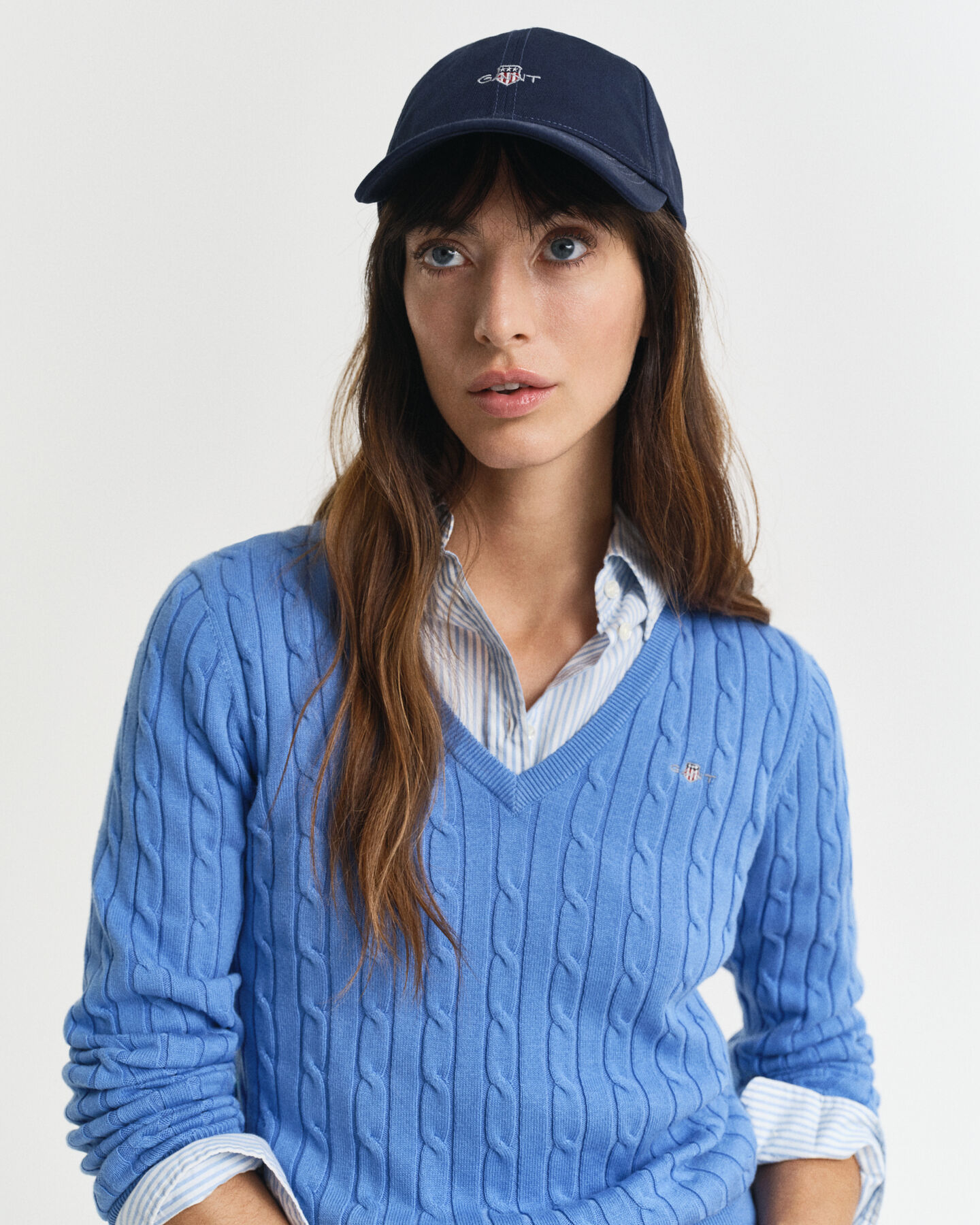 Stretch Cotton Cable Knit V-Neck Sweater