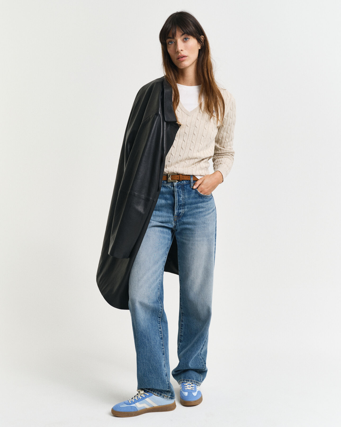 Stretch Cotton Cable Knit V-Neck Sweater