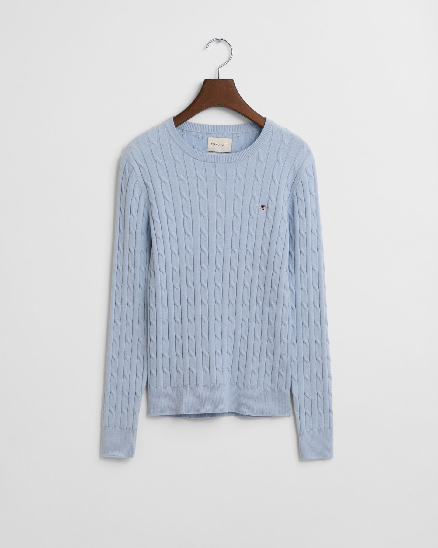 Stretch Cotton Cable Knit Crew Neck Sweater