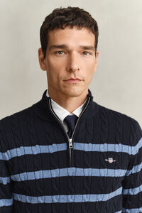 Striped Cotton Cable Knit Half-Zip Sweater