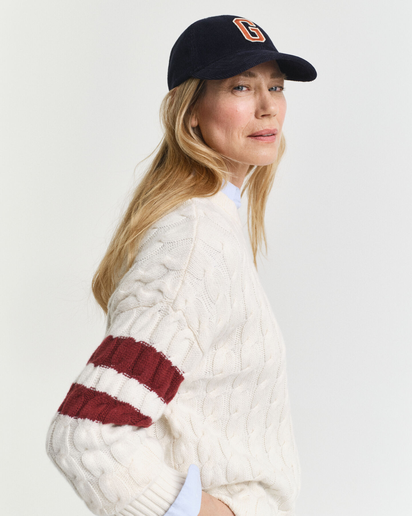 Contrast Striped Cable Knit Crew Neck Sweater