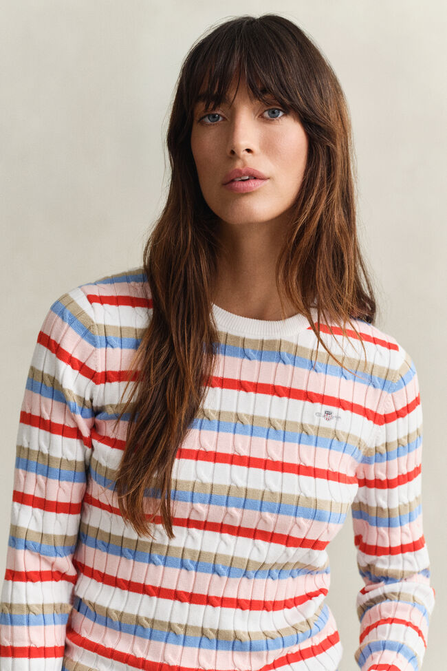 Striped Cable Knit Crew Neck Sweater