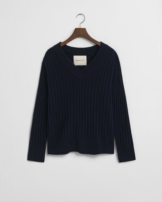 Ribbed Wool V-Neck Sweater
