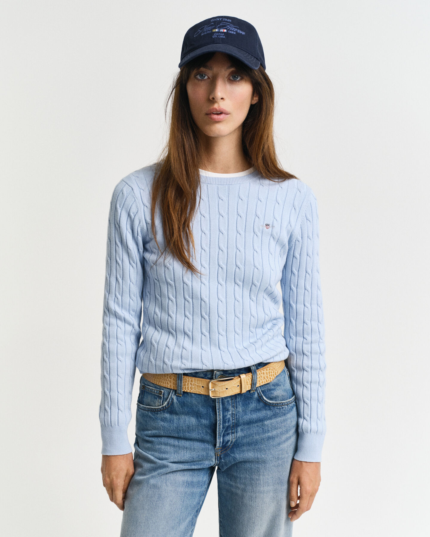 Stretch Cotton Cable Knit Crew Neck Sweater