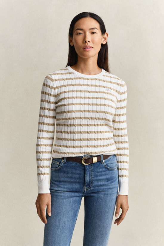 Striped Cable Knit Crew Neck Sweater