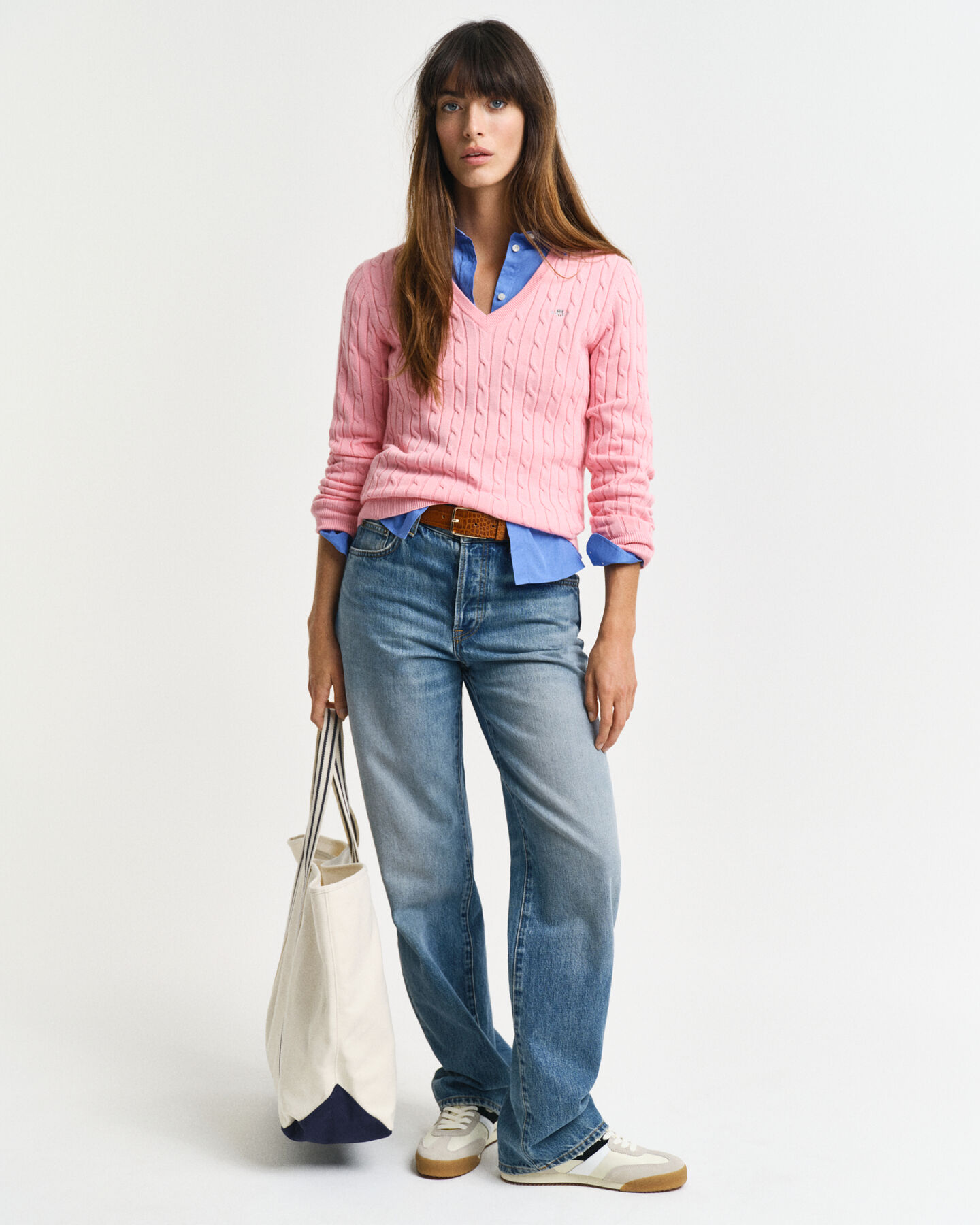Stretch Cotton Cable Knit V-Neck Sweater