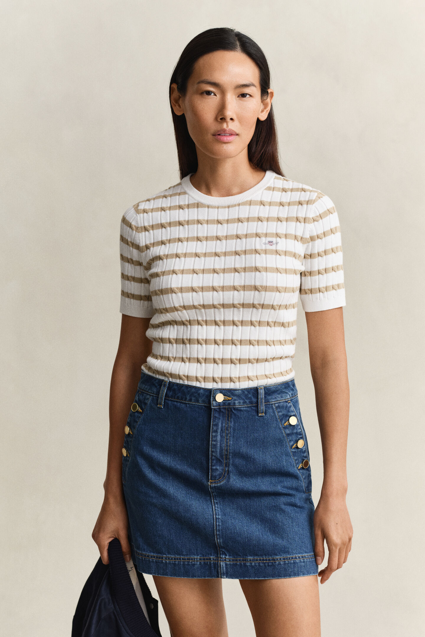 Striped Cable Knit Short Sleeve Sweater