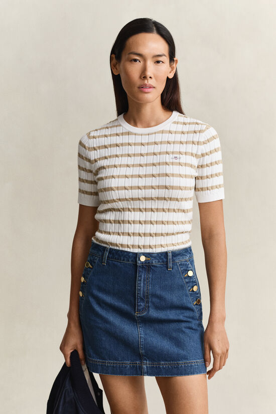 Striped Cable Knit Short Sleeve Sweater