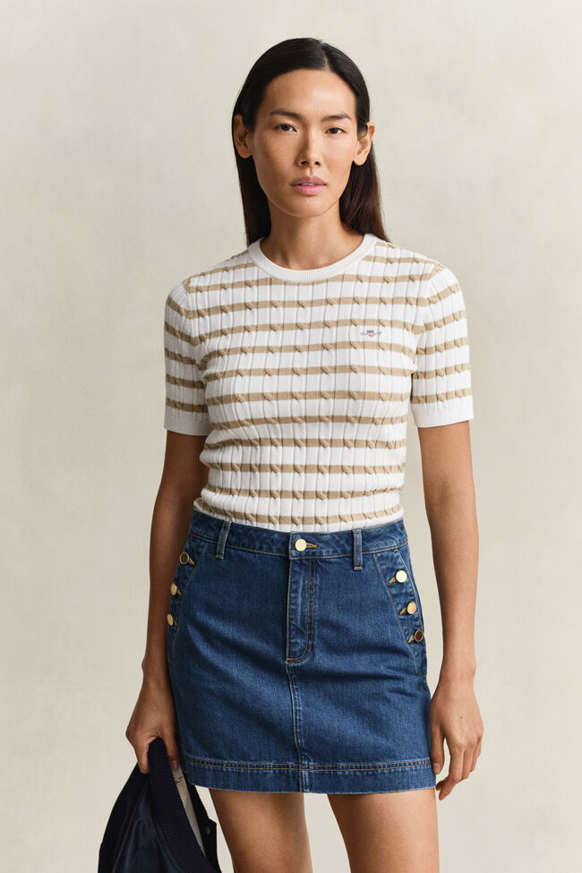 Striped Cable Knit Short Sleeve Sweater