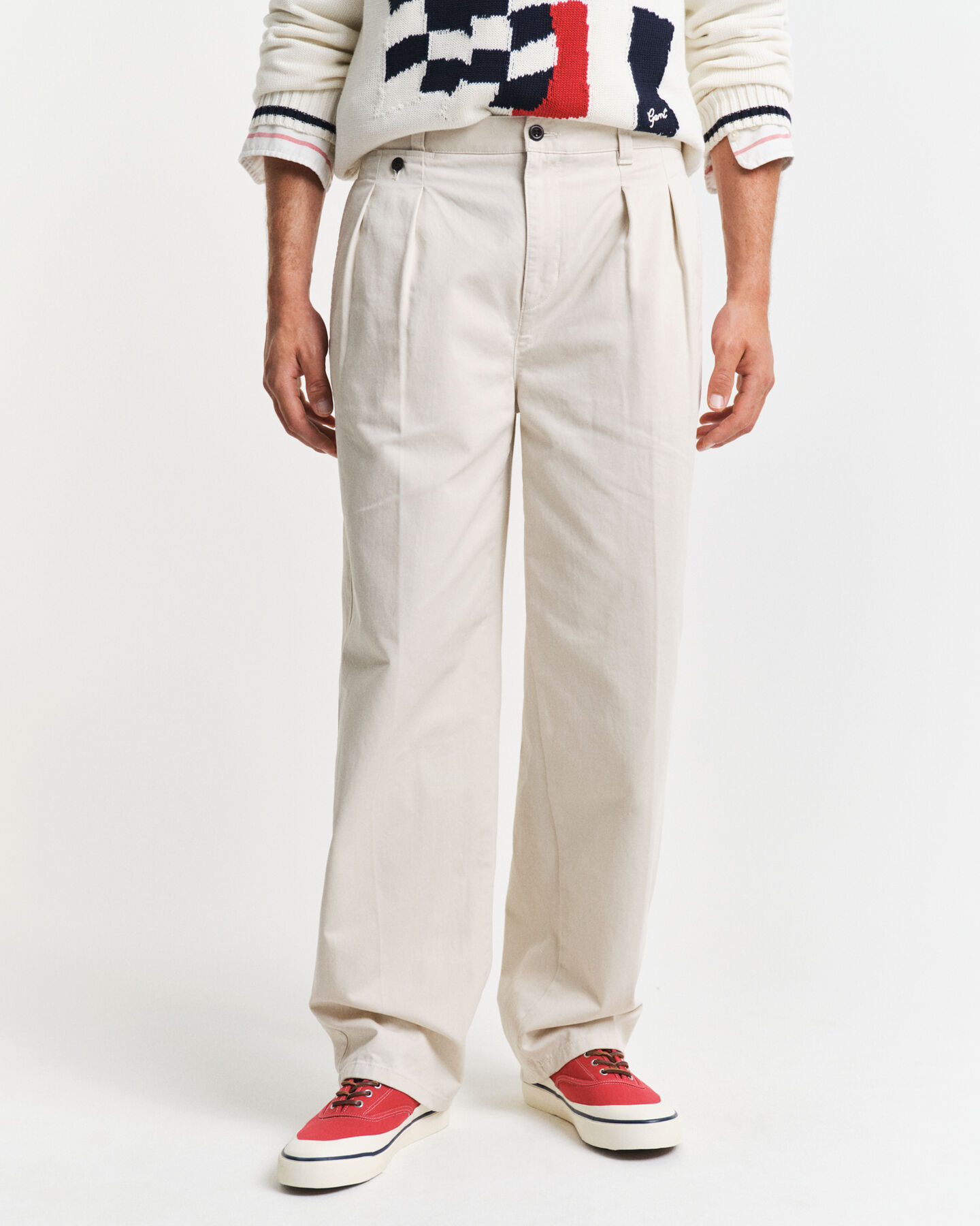 Relaxed Fit Pleated Cotton Twill Chinos