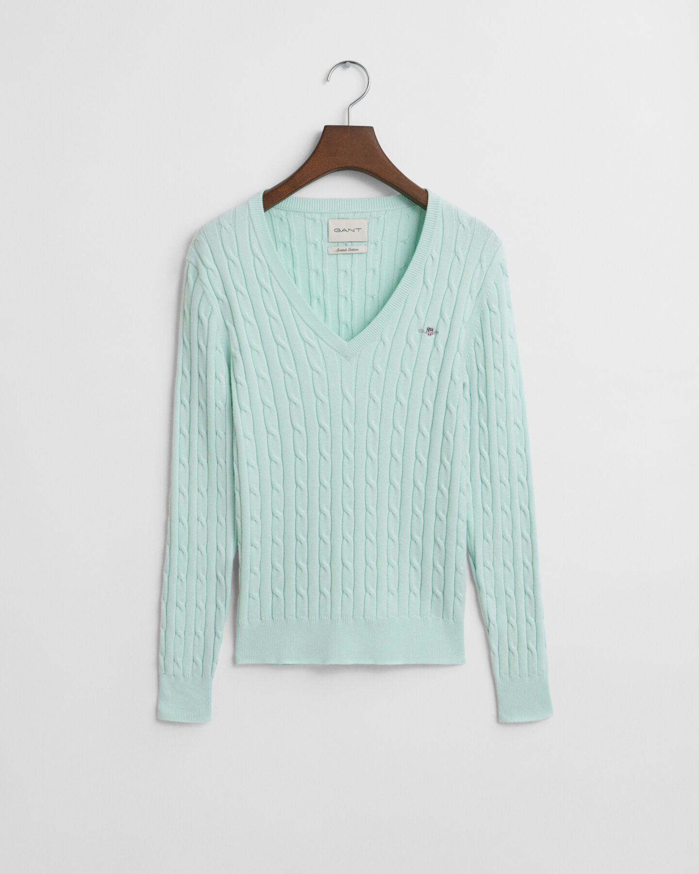 Stretch Cotton Cable Knit V-Neck Sweater