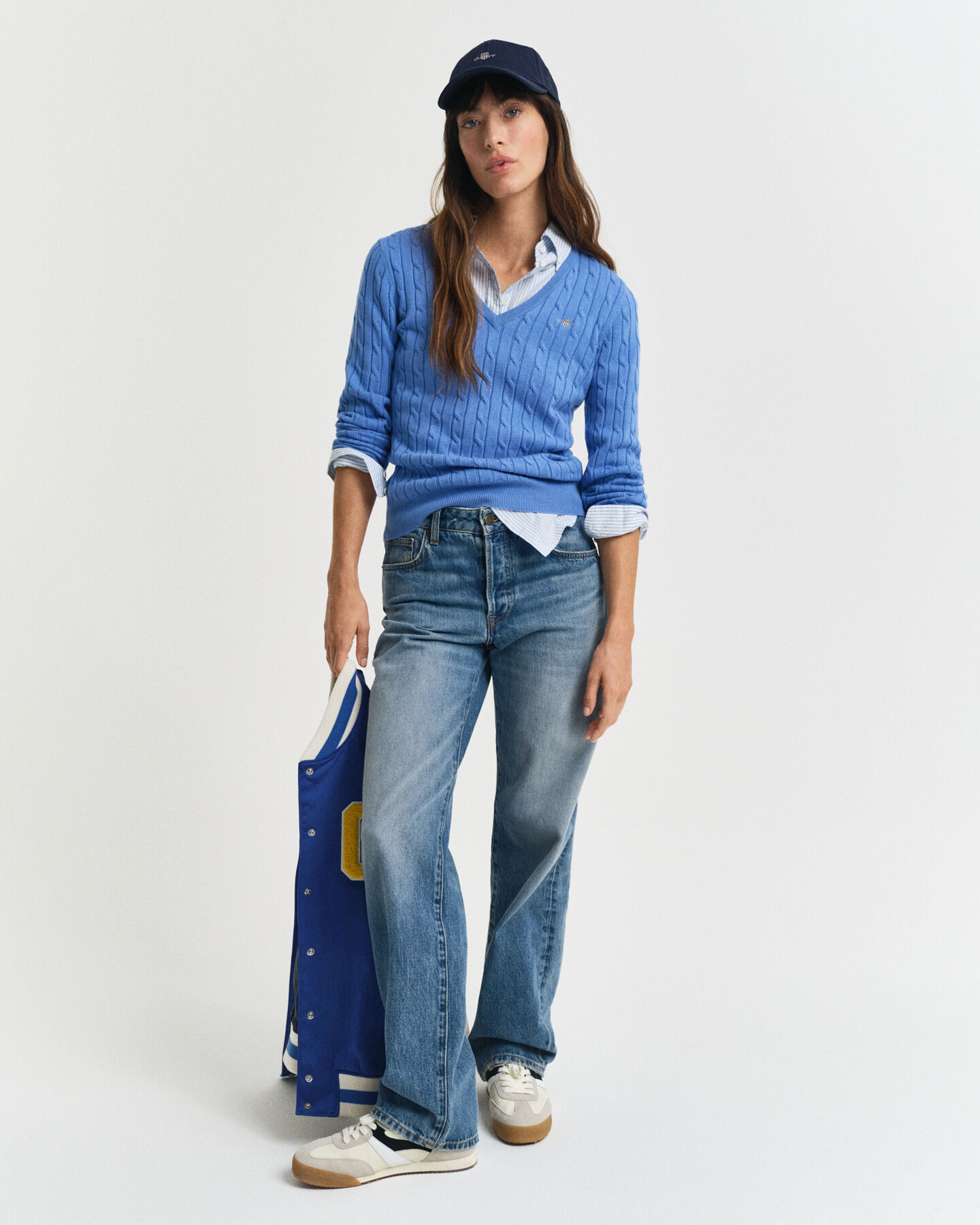Stretch Cotton Cable Knit V-Neck Sweater