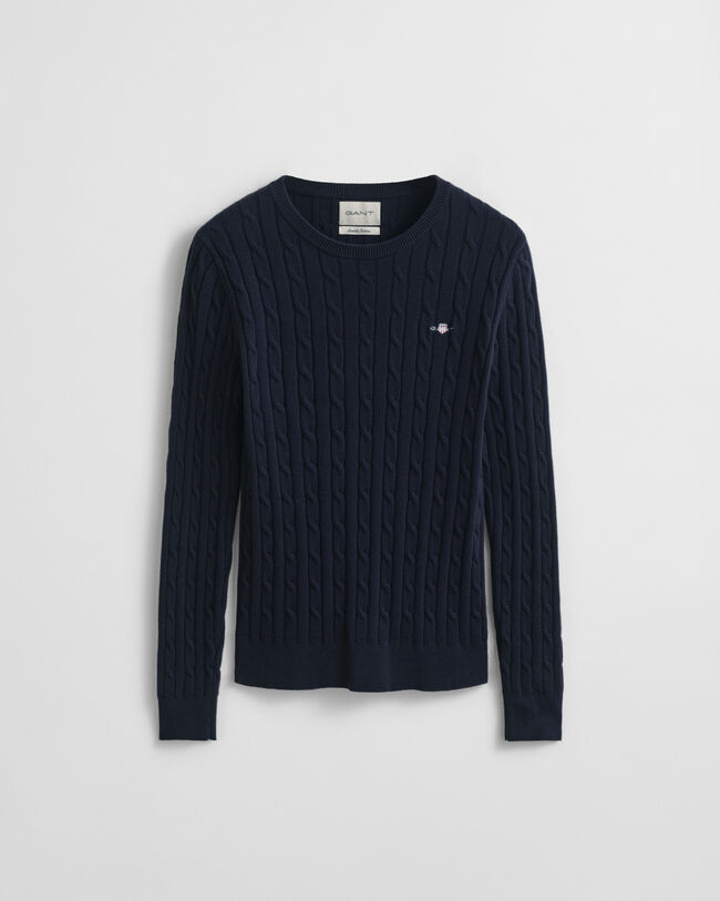 Stretch Cotton Cable Knit Crew Neck Sweater