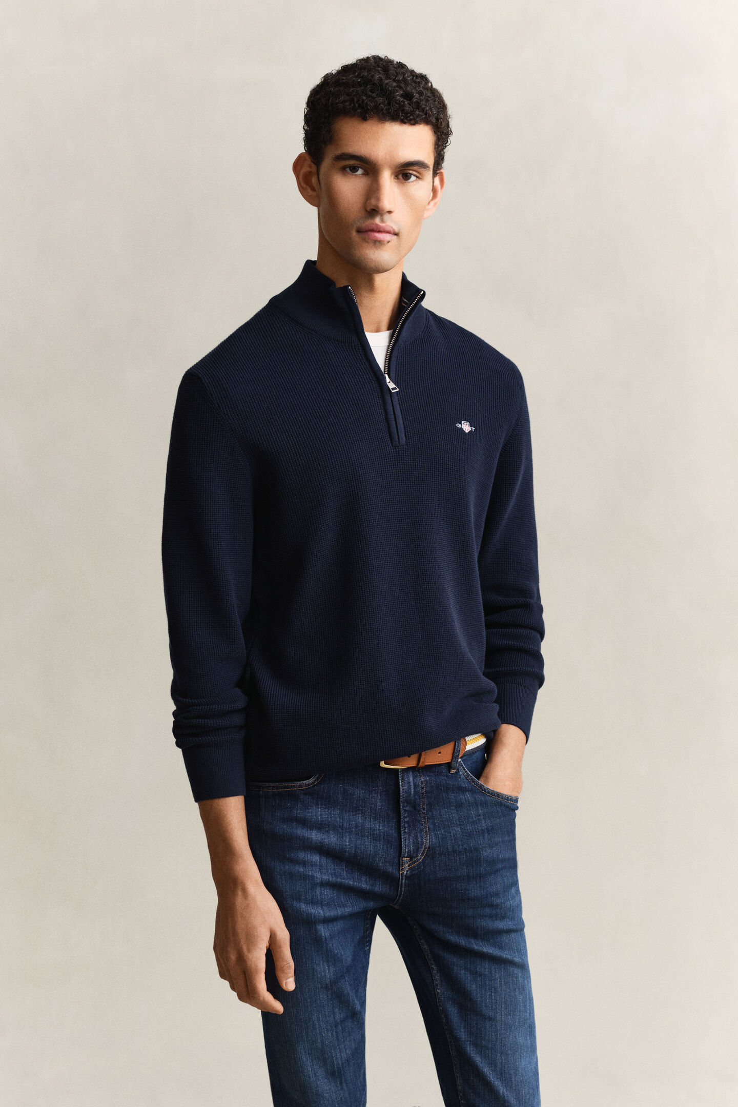 Textured Cotton Half-Zip Sweater