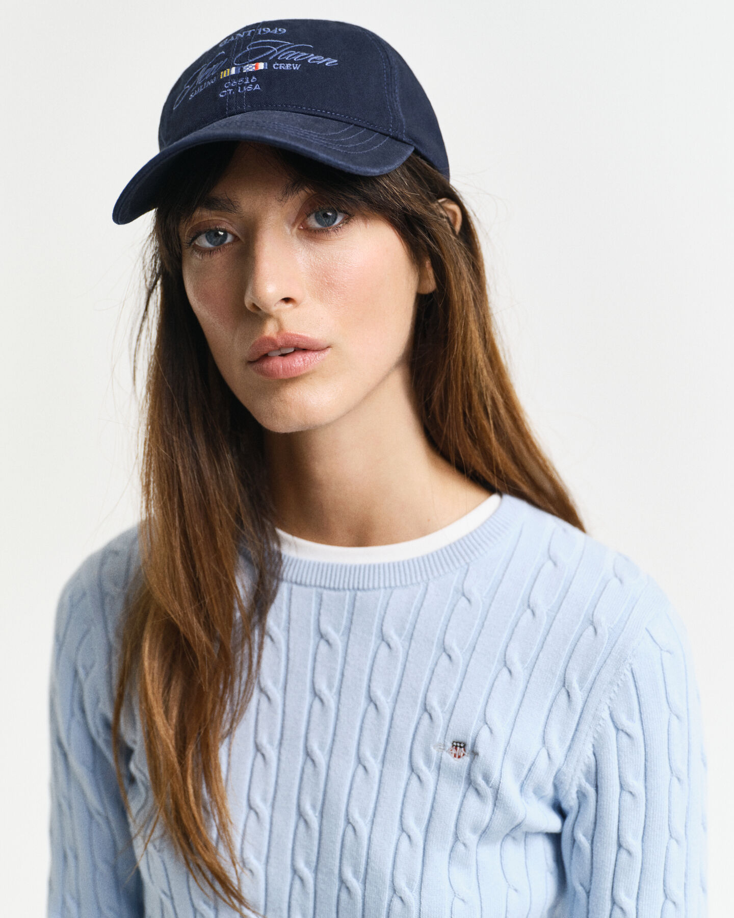 Stretch Cotton Cable Knit Crew Neck Sweater