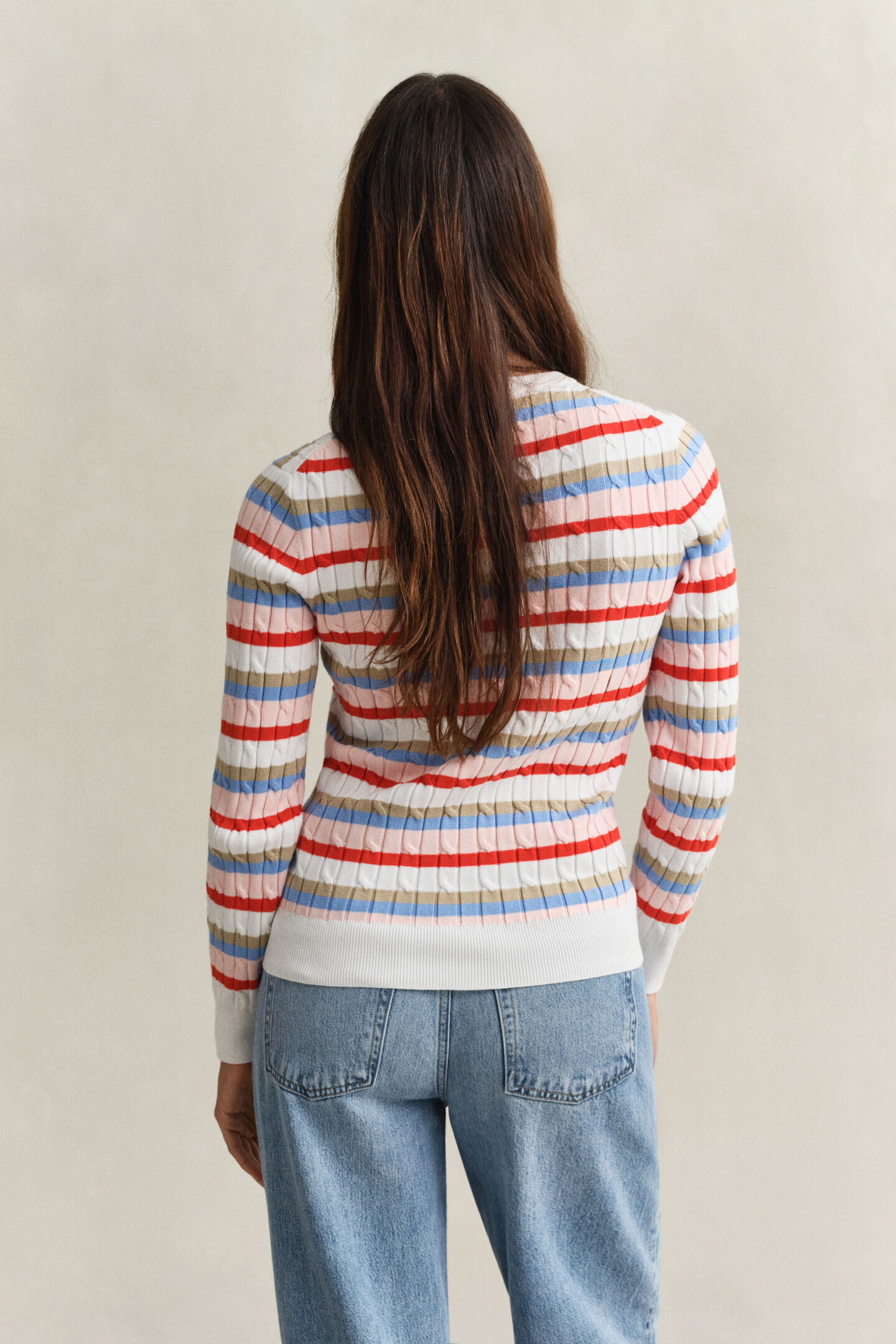 Striped Cable Knit Crew Neck Sweater