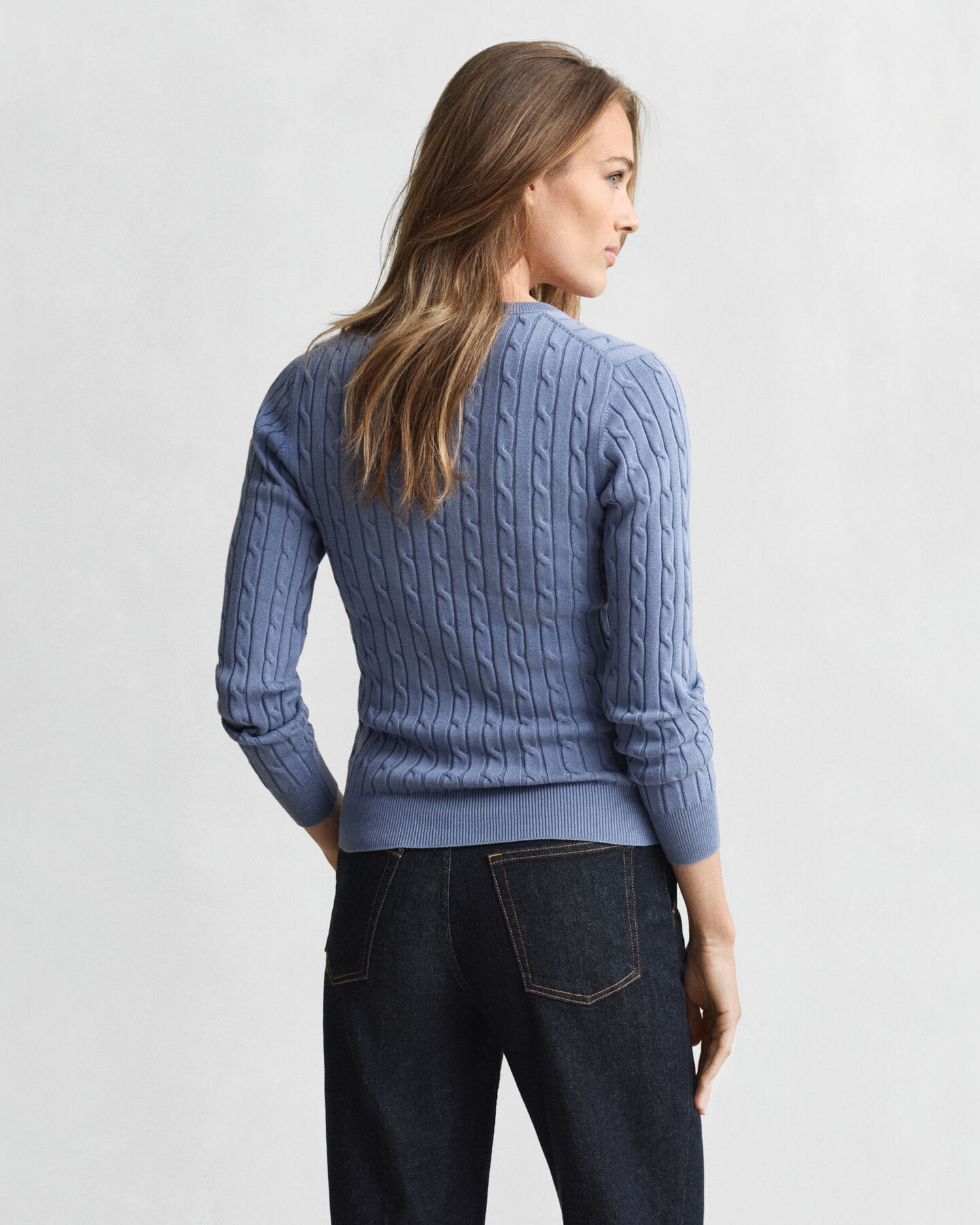Stretch Cotton Cable Knit V-Neck Sweater