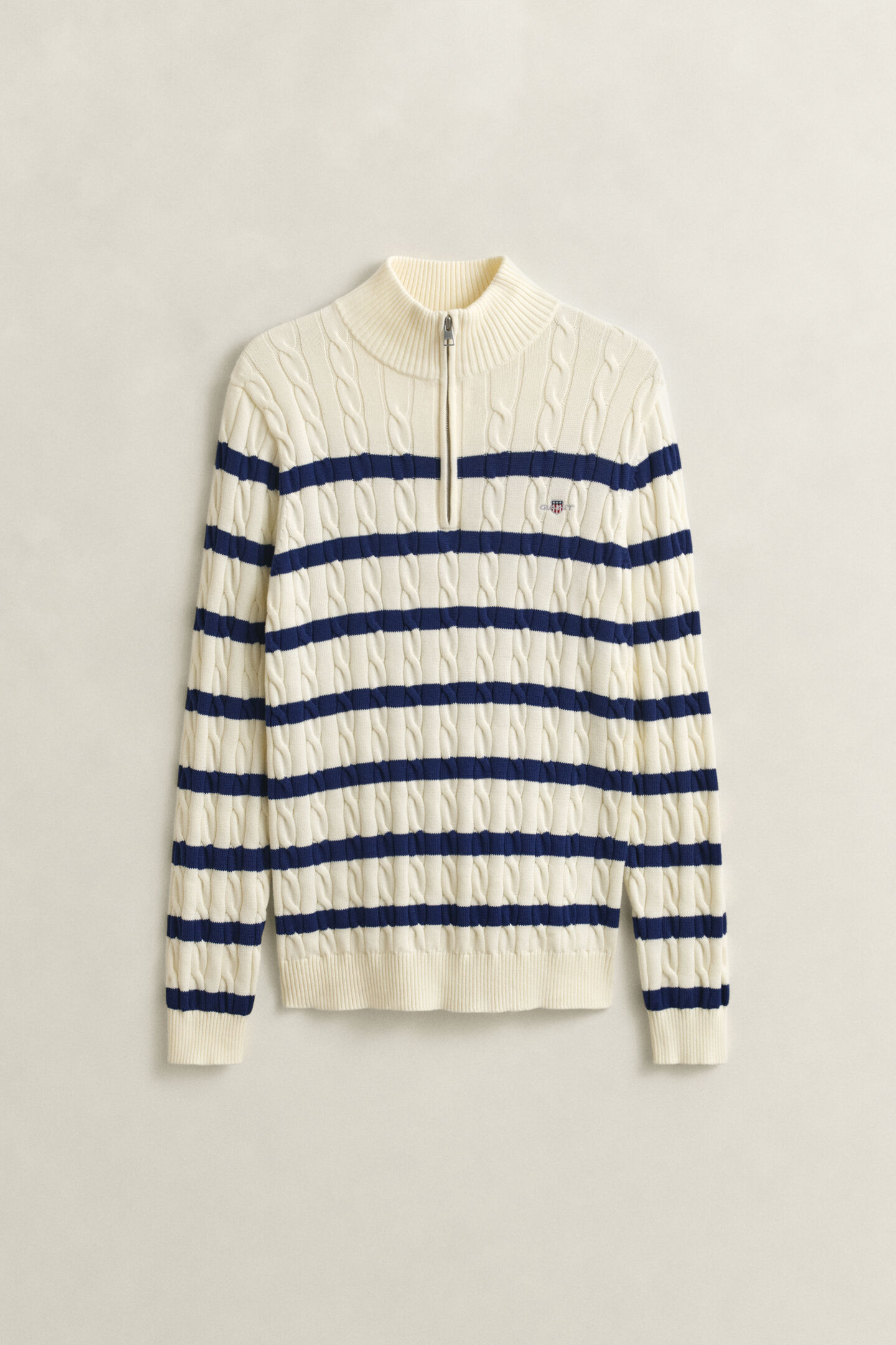 Striped Cotton Cable Knit Half-Zip Sweater