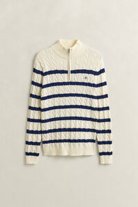 Striped Cotton Cable Knit Half-Zip Sweater